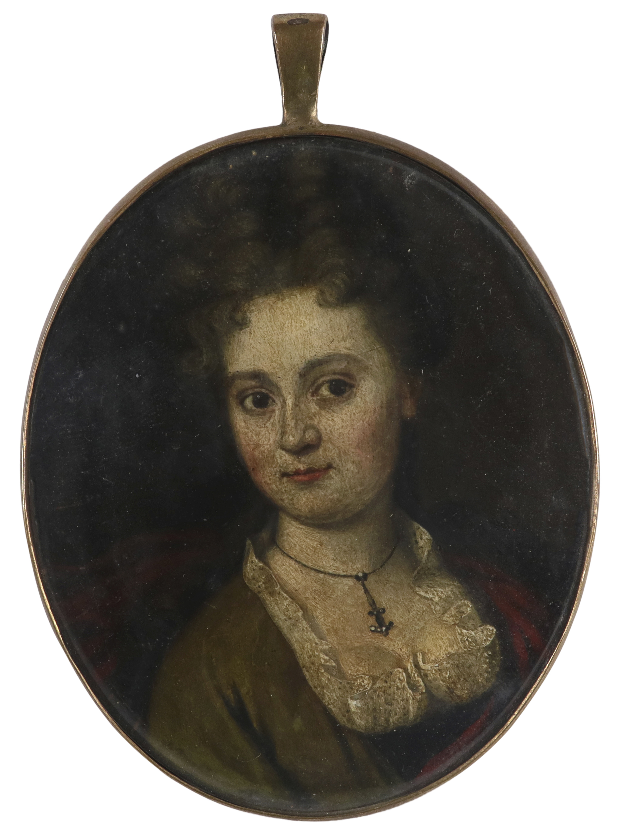 Dutch School Late 17th Century Portrait miniature of a lady wearing a green dress and red cloak On