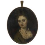 Dutch School Late 17th Century Portrait miniature of a lady wearing a green dress and red cloak On