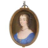 Circle of John Hoskins Portrait miniature of a lady wearing a blue dress, and pearl necklace and
