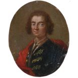 English School 18th Century Portrait miniature of a young man, wearing a blue coat and red shawl