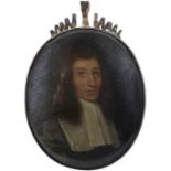 English School 17th Century Portrait miniature of a gentleman wearing a black doublet and lawn