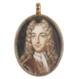 λManner of Peter Cross Portrait miniature of a gentleman wearing a brown coat and long wig Oval,