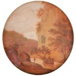 Continental School 18th Century River landscape with a figure fishing in a gorge On paper, circular,