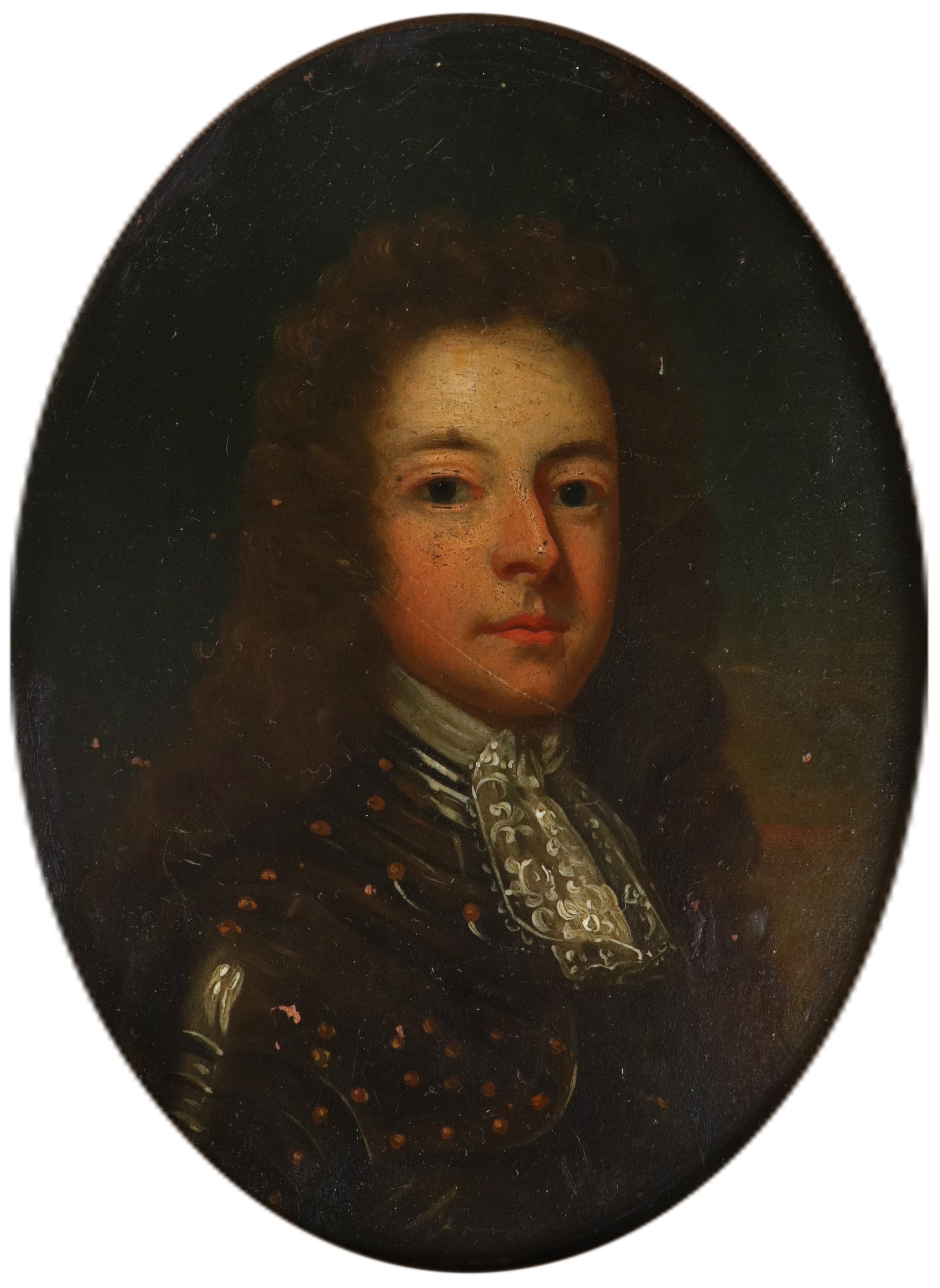 English School 17th Century Portrait miniature of a gentleman wearing armour and a long wig On