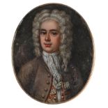 English School c 1700 Portrait miniature of a gentleman wearing a brown coat, embroidered