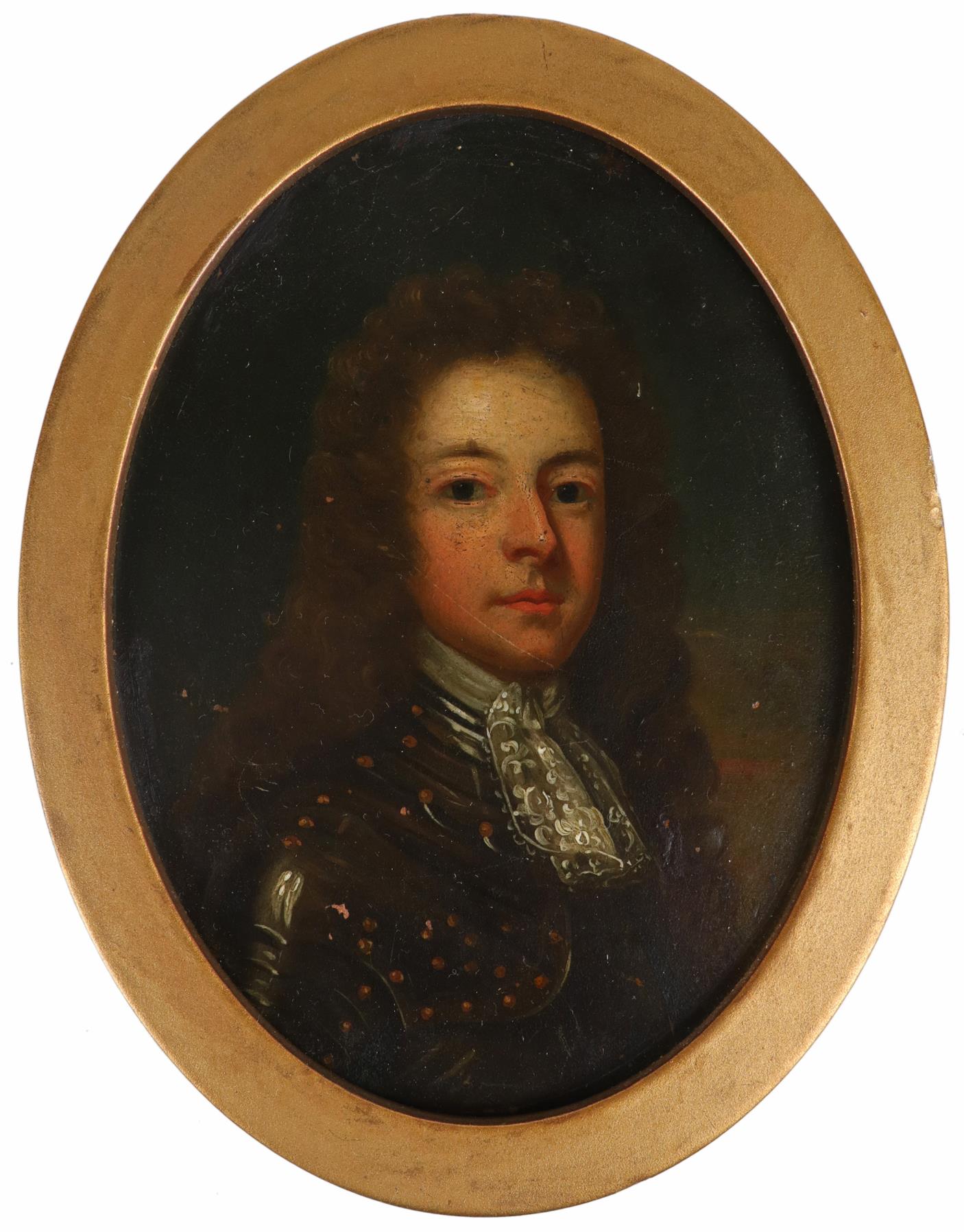 English School 17th Century Portrait miniature of a gentleman wearing armour and a long wig On - Image 2 of 3