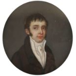λFrench School c.1800 Portrait miniature of a gentleman wearing a brown coat, white waistcoat and