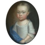 English School 18th Century Portrait miniature of a child wearing a white dress and blue cloak Oil