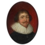 λEnglish School 17th Century Portrait miniature of a gentleman wearing a black doublet and white