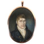 λEnglish School c.1800 Portrait miniature of a gentleman wearing a black coat and yellow waistcoat