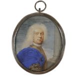 French School c.1700 Portrait miniature of a nobleman wearing armour, with a blue and leopard skin