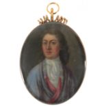 English School c.1680 Portrait miniature of a gentleman wearing a blue and red cloak On vellum,