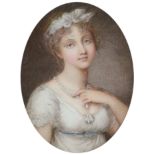 λEnglish School c.1800 Portrait miniature of a lady wearing a white dress and pearl necklace Oval,