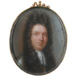 English School Late 17th Century Portrait miniature of a gentleman wearing armour and a long wig