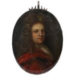 English School c.1700 Portrait miniature of a gentleman wearing a red cloak and long wig On