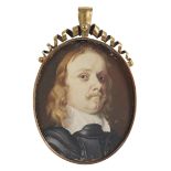 English School 17th Century Portrait miniature of a gentleman wearing armour On vellum, oval, in a