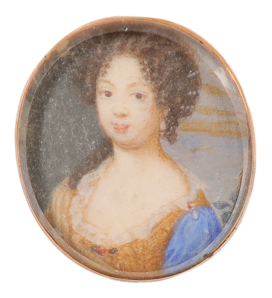 Susan Penelope Rosse (1652–1700) Portrait miniature of a lady wearing a blue and ochre dress