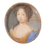 Susan Penelope Rosse (1652–1700) Portrait miniature of a lady wearing a blue and ochre dress