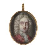 English School Early 18th Century Portrait miniature of a gentleman wearing a red coat and