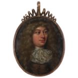 English School Late 17th Century Portrait miniature of a gentleman wearing a lace collar and long