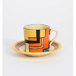 'Mondrian' a Clarice Cliff Fantasque Bizarre Tankard coffee can and saucer, painted in colours,