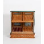 A Waterman's Ideal Fountain Pen counter-top shop display case, rectangular section, oak and glass