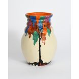 'Latona Tree' a Clarice Cliff Bizarre vase, shape no.358, painted in colours on a Latona cream