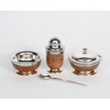 An H G Murphy three-piece silver-mounted maple cruet set, comprising; silver mazer bowl salt, pepper