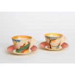 'Seven Colour Secrets' a pair of Clarice Cliff Fantasque Bizarre Conical tea cups and saucers,
