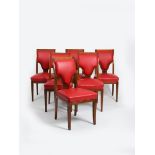 A set of six mahogany dining chairs, tapering gadrooned legs and back, with red seat and back