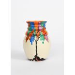 'Latona Tree' a Clarice Cliff Bizarre vase, shape no. 358, painted in colours on a Latona cream