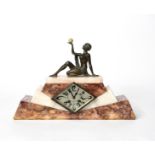 An Art Deco marble and patinated spelter mantle clock, stepped rectangular base with panels of red