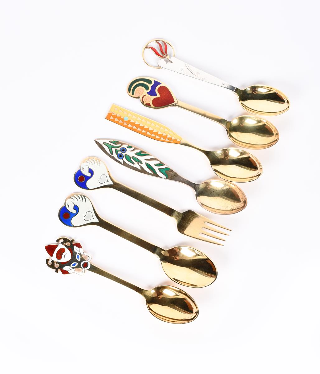 An A Michelsen silver gilt and enamel Christmas 1978 spoon and fork designed by Vibeke Alfert, an