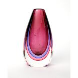 A Murano Sommerso glass vase, teardrop form red, blue and purple glass cased in heavy clear body,