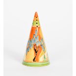 'Windbells' a Clarice Cliff Fantasque Bizarre Conical sugar sifter, painted in colours between green