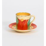 'Red Tulip' a Clarice Cliff Fantasque Bizarre Tankard coffee can and saucer, painted in colours, the