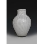 A James Powell & Sons Whitefriars White Lattice glass vase, shouldered form with cylindrical neck,