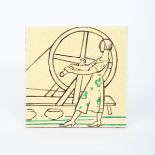 A Carter's Poole Pottery tile designed by Edward Bawden, painted with a young woman turning a wheel,