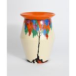 'Latona Tree' a Clarice Cliff Bizarre vase, shape no.342, painted in colours on a cream ground,