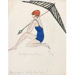 ‡ Dorte Clara Dodo Burgner (1907-1998) Beach Beauty, woman in a blue swimsuit pencil and ink on