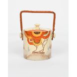 'Rhodanthe' a Clarice Cliff Bizarre Hereford biscuit barrel and cover, cylindrical form, painted