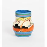 'Tulips' a Clarice Cliff Bizarre vase, shape no.565, painted in colours between blue, pink and green