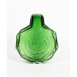 A Whitefriars Meadow Green glass Banjo vase designed by Geoffrey Baxter, moulded in low relief,