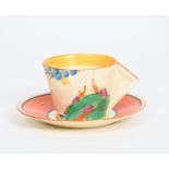 'Seven Colour Secrets' a Clarice Cliff Bizarre Conical coffee cup and saucer, painted in colours,