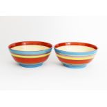 'Liberty Band' a pair of Clarice Cliff Bizarre bowls, painted in colours printed factory marks, 18.