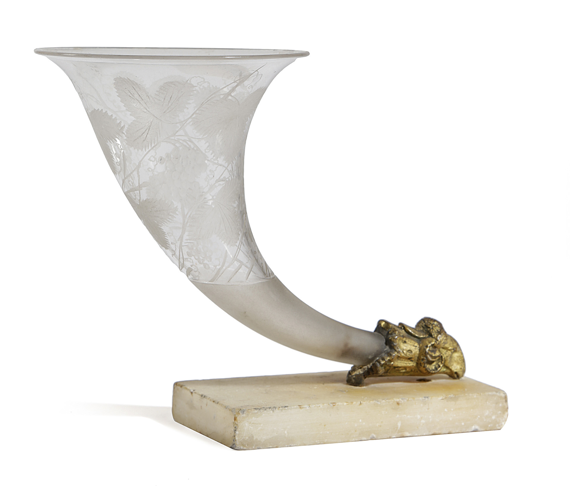 A REGENCY GLASS CORNUCOPIA VASE EARLY 19TH CENTURY etched with a grapevine and with a gilt bronze