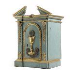 AN ITALIAN PAINTED AND GILTWOOD TABERNACLE POSSIBLY TUSCAN, 18TH CENTURY of architectural form,