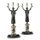 A LARGE PAIR OF FRENCH GILT AND PATINATED BRONZE FIGURAL CANDLEABRA IN EMPIRE STYLE 19TH CENTURY