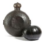 AN ORIENTAL BLACK LACQUERED PUMPKIN BOX 20TH CENTURY together with an Islamic copper flask (2) 57.