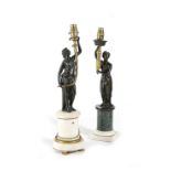 TWO FRENCH GILT AND PATINATED BRONZE FIGURAL TABLE LAMPS 19TH CENTURY AND LATER each with a